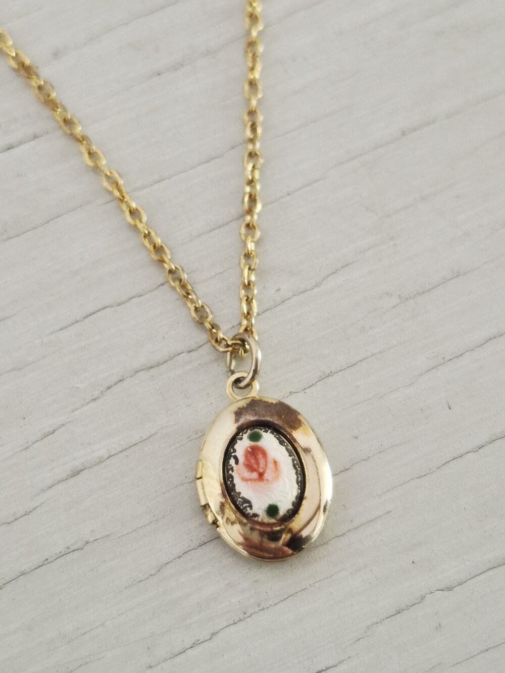 Vintage Small Pink Rose Bud Guilloche Enamel Gold Filled Locket Necklace